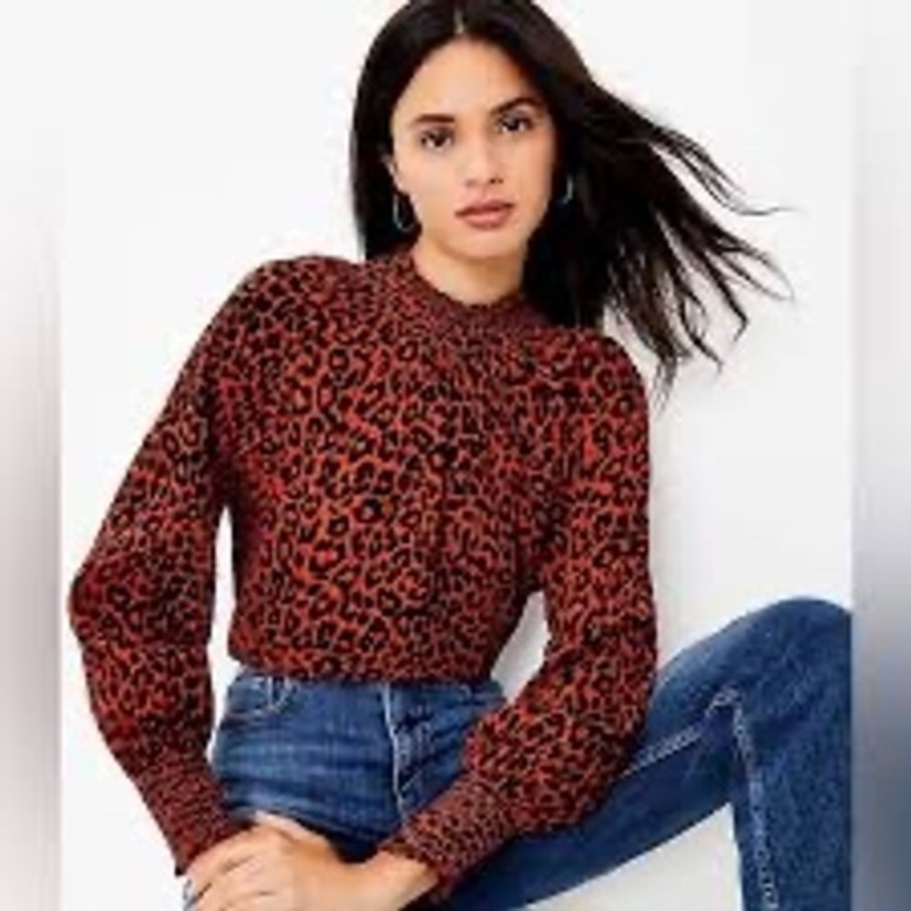 LOFT Womens Orange Leopard Print Smocked Mock Neck Blouse Top Small New